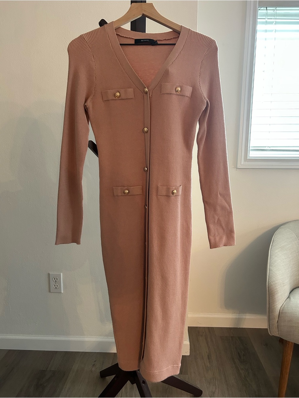 Ribbed Long-Sleeve Button-Front Dress in Dusty Rose